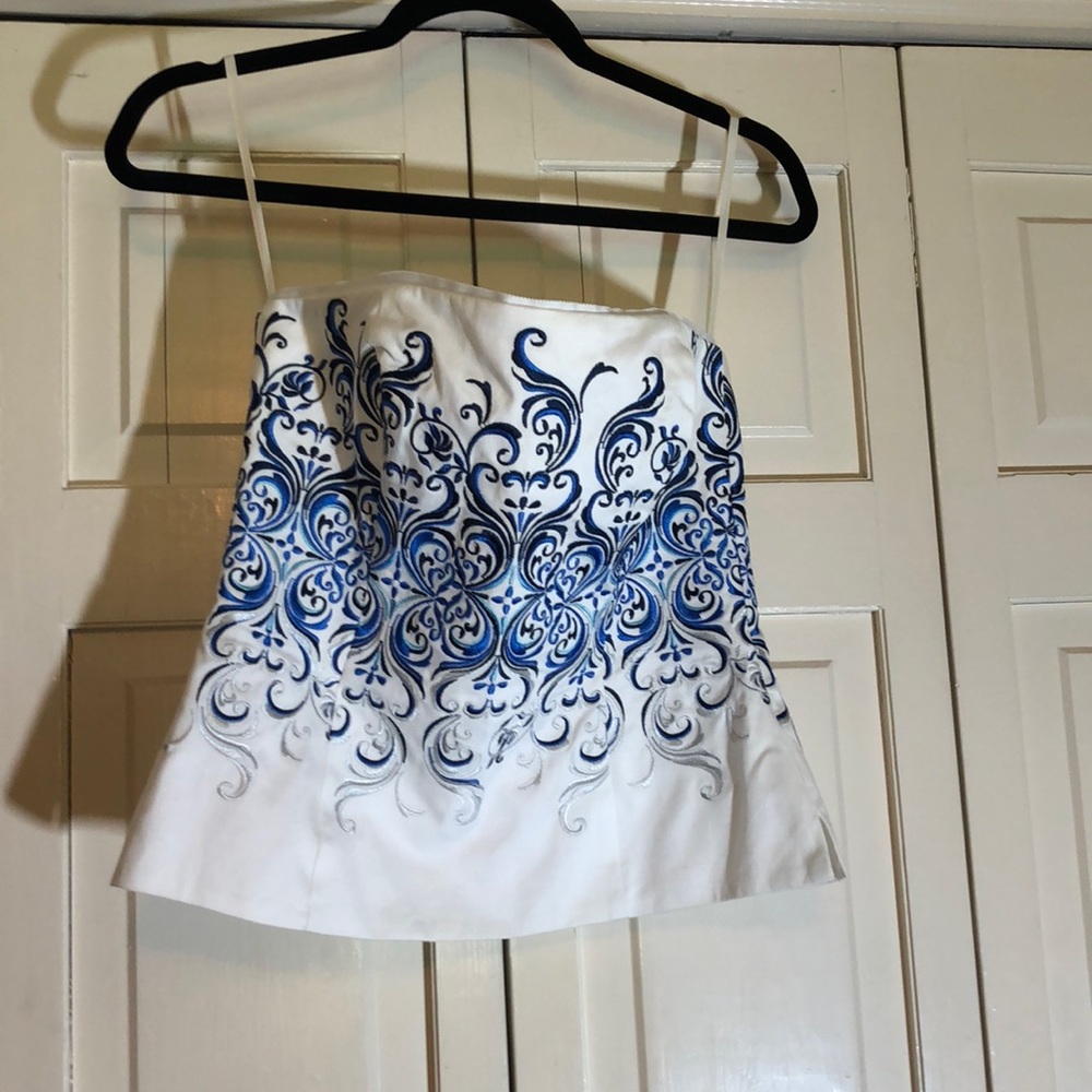 WHBM Bustier Blue White Back Zip Embroidered Work Around SZ 4